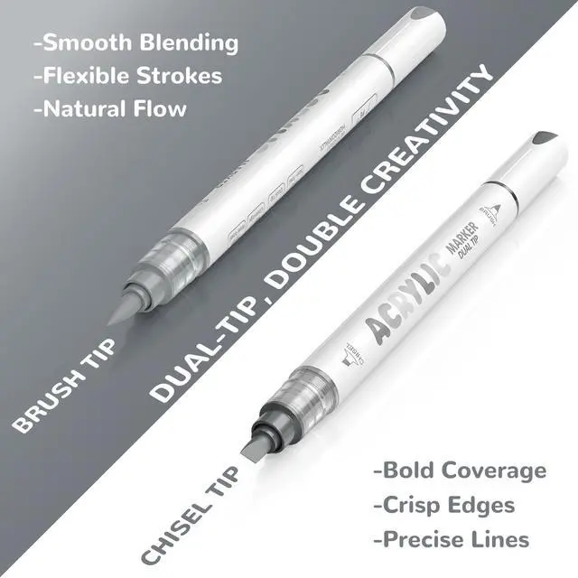 Alt view image 2 of 7 - Guangna 12 Grey Dual Tip Acrylic Paint Markers, Brush Tip & Chisel Tip Acrylic Paint Pens for Rock, Wood, Glass, Paper, Coloring Book, Ceramic, Canvas, Water-Based Ink