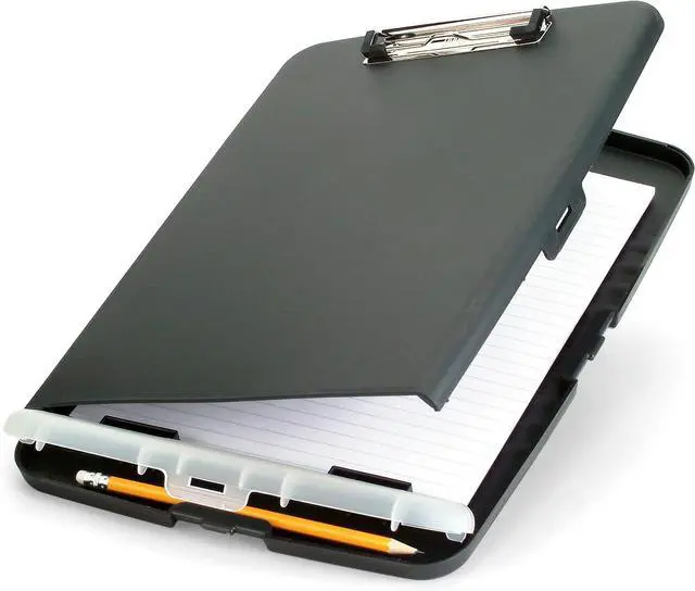 Main image of Officemate Slim Clipboard Storage Box, 14.5 x 10-Inches Letter Size Document Organizer, Low-Profile Metal Clip, Separate Pen and Pencil Compartment, Charcoal