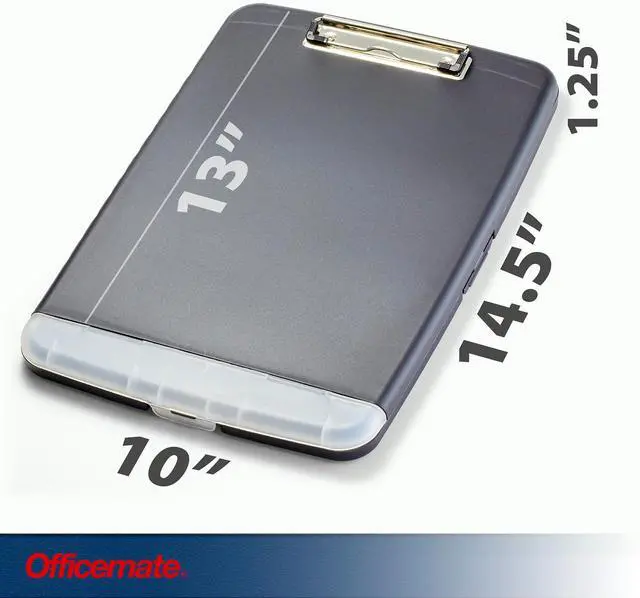 Alt view image 2 of 6 - Officemate Slim Clipboard Storage Box, 14.5 x 10-Inches Letter Size Document Organizer, Low-Profile Metal Clip, Separate Pen and Pencil Compartment, Charcoal