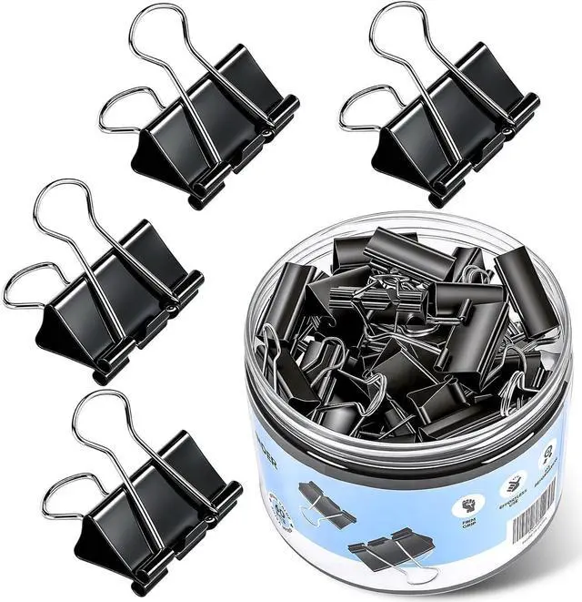 Main image of Binder Clips, KURULO 60pcs Medium Binder Clips 1.25 Inches | Sturdy Binder Clip Medium for Office Supplies, School, Home, Black Metal Paper Clamps, Office Clips with Storage Box