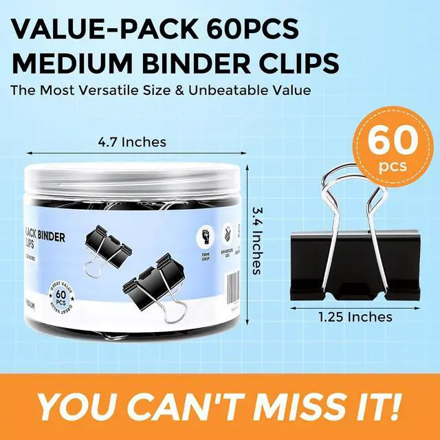 Alt view image 2 of 7 - Binder Clips, KURULO 60pcs Medium Binder Clips 1.25 Inches | Sturdy Binder Clip Medium for Office Supplies, School, Home, Black Metal Paper Clamps, Office Clips with Storage Box