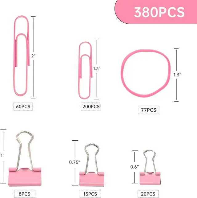 Alt view image 2 of 7 - Pink Binder Clips Paper Clips,380 PCS Assorted Sizes Paperclips | Paper Clamps Rubber Bands for Files, Papers, Home Supplies (Pink)