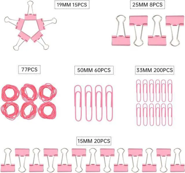Alt view image 3 of 7 - Pink Binder Clips Paper Clips,380 PCS Assorted Sizes Paperclips | Paper Clamps Rubber Bands for Files, Papers, Home Supplies (Pink)