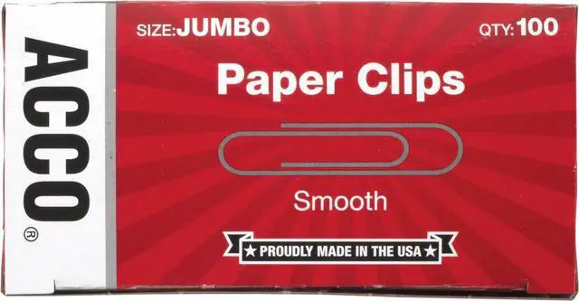Main image of ACCO Paper Clips, Jumbo, Smooth, 100 Clips/Box, 1 Box (72580)
