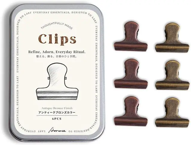 Main image of Vintage Metal Clips Set of 6 with Storage Tin Antique Copper & Patina Bronze Colors Binder Clips for Paper, Bags, Journals, Crafts & Office Use