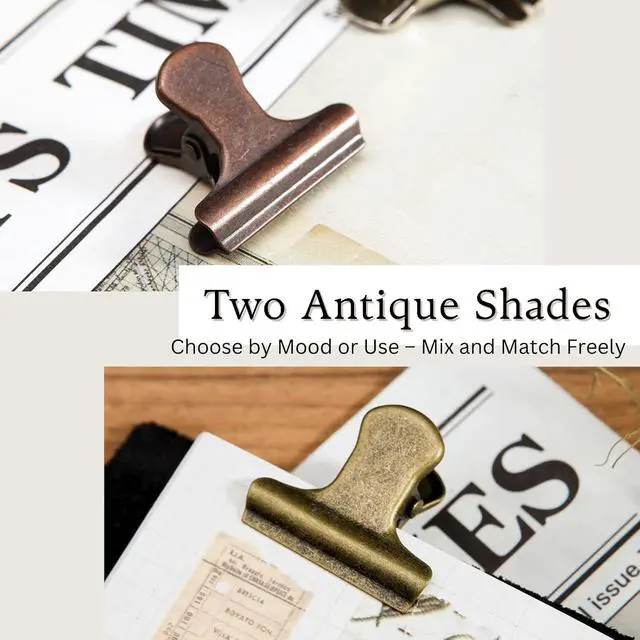 Alt view image 2 of 6 - Vintage Metal Clips Set of 6 with Storage Tin Antique Copper & Patina Bronze Colors Binder Clips for Paper, Bags, Journals, Crafts & Office Use