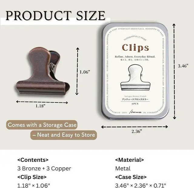 Alt view image 4 of 6 - Vintage Metal Clips Set of 6 with Storage Tin Antique Copper & Patina Bronze Colors Binder Clips for Paper, Bags, Journals, Crafts & Office Use