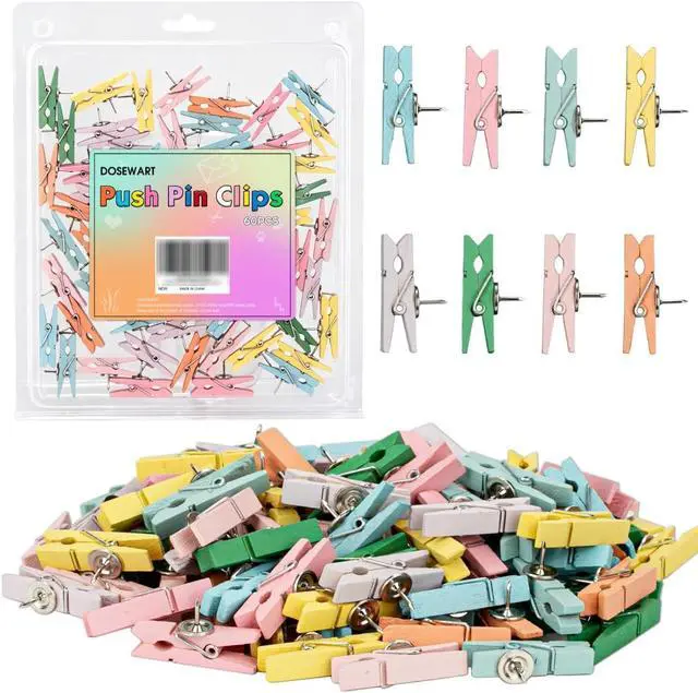 Main image of 60 Pcs Push Pin Clips for Cork Board Colorful Push Pins with Wooden Clips | Decorative Assorted Colors Thumbtack Pushpins Tacks for Bulletin Board Decorations Artworks Notes Photos Office and Home