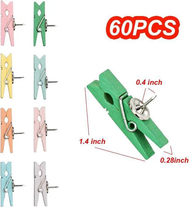 Alt view image 2 of 6 - 60 Pcs Push Pin Clips for Cork Board Colorful Push Pins with Wooden Clips | Decorative Assorted Colors Thumbtack Pushpins Tacks for Bulletin Board Decorations Artworks Notes Photos Office and Home