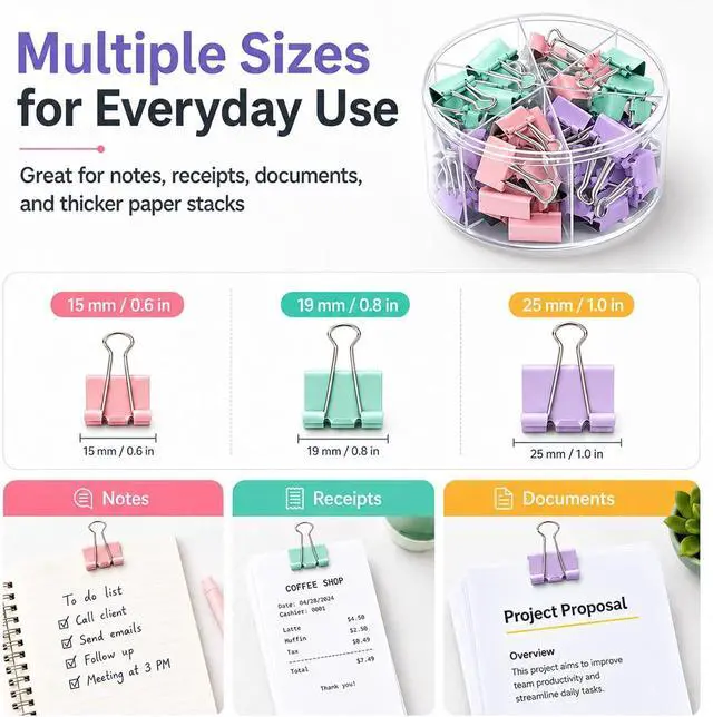 Alt view image 2 of 7 - Binder Clips Assorted Sized, Metal Clips for Office, 60 Psc | 1 Box of Colored Paper clips and Binder Clips, Cute Office Supplies, Desk Accessories, Black, Pastel Color