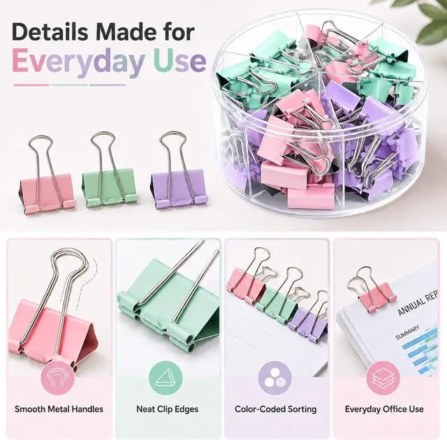 Alt view image 4 of 7 - Binder Clips Assorted Sized, Metal Clips for Office, 60 Psc | 1 Box of Colored Paper clips and Binder Clips, Cute Office Supplies, Desk Accessories, Black, Pastel Color