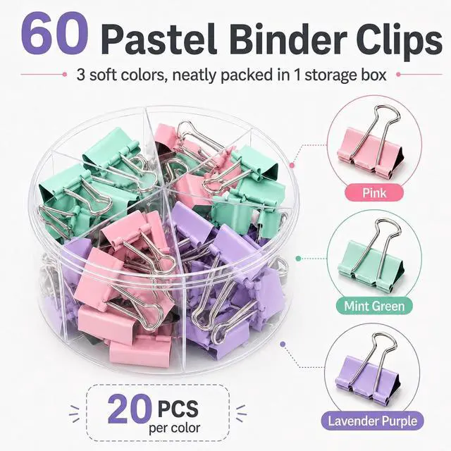 Alt view image 6 of 7 - Binder Clips Assorted Sized, Metal Clips for Office, 60 Psc | 1 Box of Colored Paper clips and Binder Clips, Cute Office Supplies, Desk Accessories, Black, Pastel Color