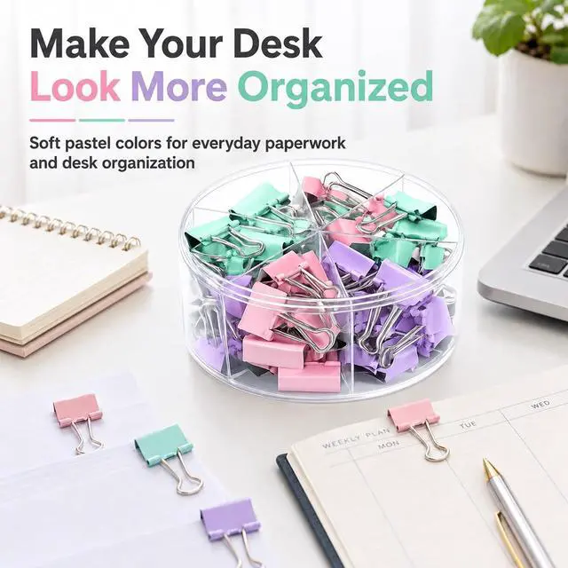 Alt view image 7 of 7 - Binder Clips Assorted Sized, Metal Clips for Office, 60 Psc | 1 Box of Colored Paper clips and Binder Clips, Cute Office Supplies, Desk Accessories, Black, Pastel Color