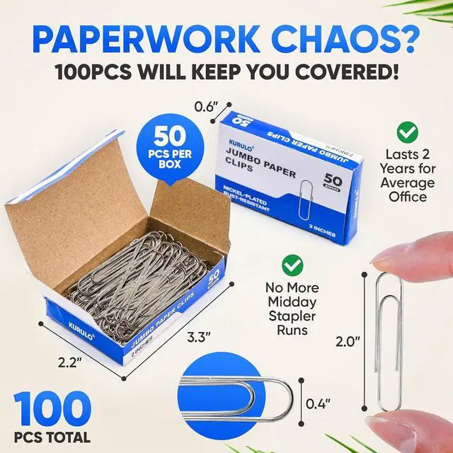 Alt view image 3 of 7 - Large Paper Clips, KURULO 100pcs 2 Inches Paper Clips Large Silver | Smooth Recyclable Big Paperclips for Office Home School, Rustproof & Durable Jumbo Paper Clip