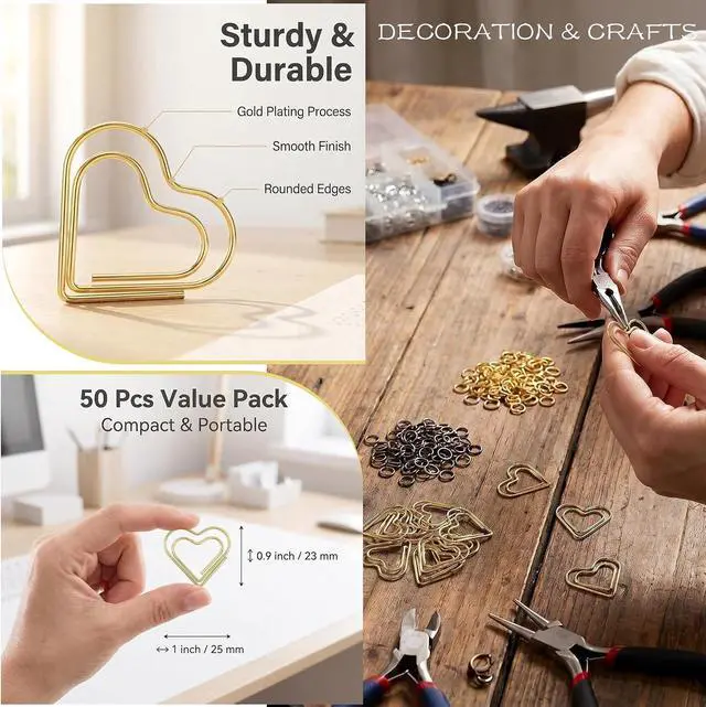 Alt view image 3 of 7 - 50 Pcs Gold Paper Clips for Wedding Home Office Document Organizing Crafts | Pretty Fancy Metal Heart Shaped Metal Paper Clips, Cute Love Mini Decorative Paper Clips for School Crafts Note Organizing