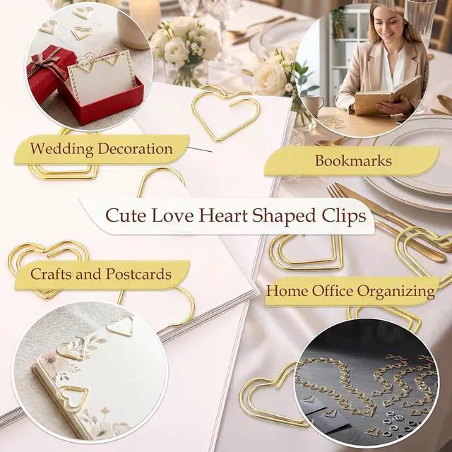 Alt view image 4 of 7 - 50 Pcs Gold Paper Clips for Wedding Home Office Document Organizing Crafts | Pretty Fancy Metal Heart Shaped Metal Paper Clips, Cute Love Mini Decorative Paper Clips for School Crafts Note Organizing