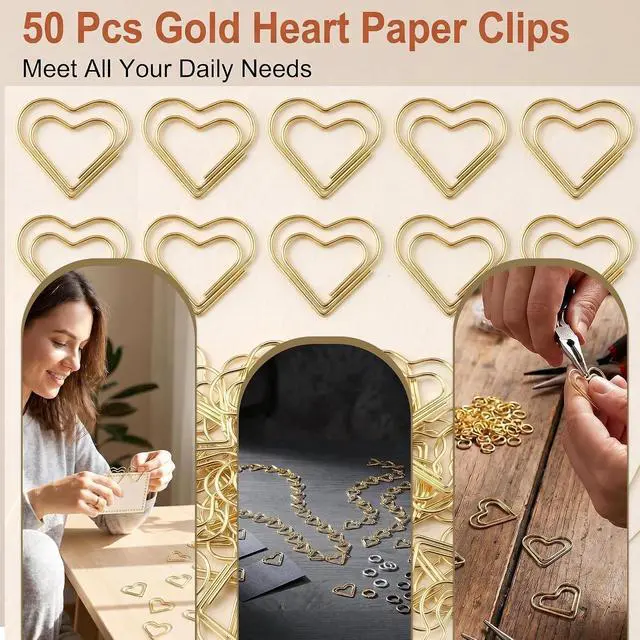 Alt view image 2 of 7 - 50 Pcs Gold Paper Clips for Wedding Home Office Document Organizing Crafts | Pretty Fancy Metal Heart Shaped Metal Paper Clips, Cute Love Mini Decorative Paper Clips for School Crafts Note Organizing