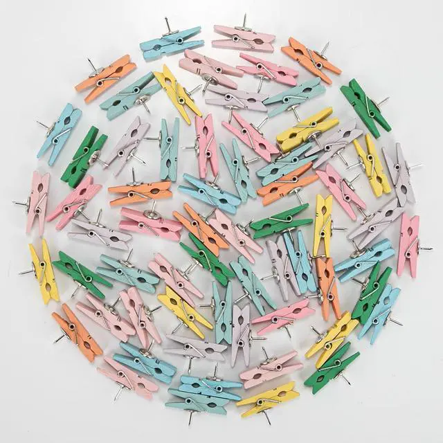 Alt view image 3 of 6 - 60 Pcs Push Pin Clips for Cork Board Colorful Push Pins with Wooden Clips | Decorative Assorted Colors Thumbtack Pushpins Tacks for Bulletin Board Decorations Artworks Notes Photos Office and Home