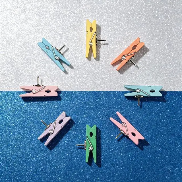 Alt view image 4 of 6 - 60 Pcs Push Pin Clips for Cork Board Colorful Push Pins with Wooden Clips | Decorative Assorted Colors Thumbtack Pushpins Tacks for Bulletin Board Decorations Artworks Notes Photos Office and Home