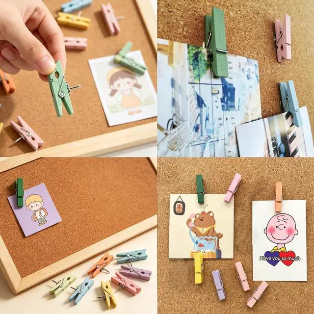 Alt view image 6 of 6 - 60 Pcs Push Pin Clips for Cork Board Colorful Push Pins with Wooden Clips | Decorative Assorted Colors Thumbtack Pushpins Tacks for Bulletin Board Decorations Artworks Notes Photos Office and Home