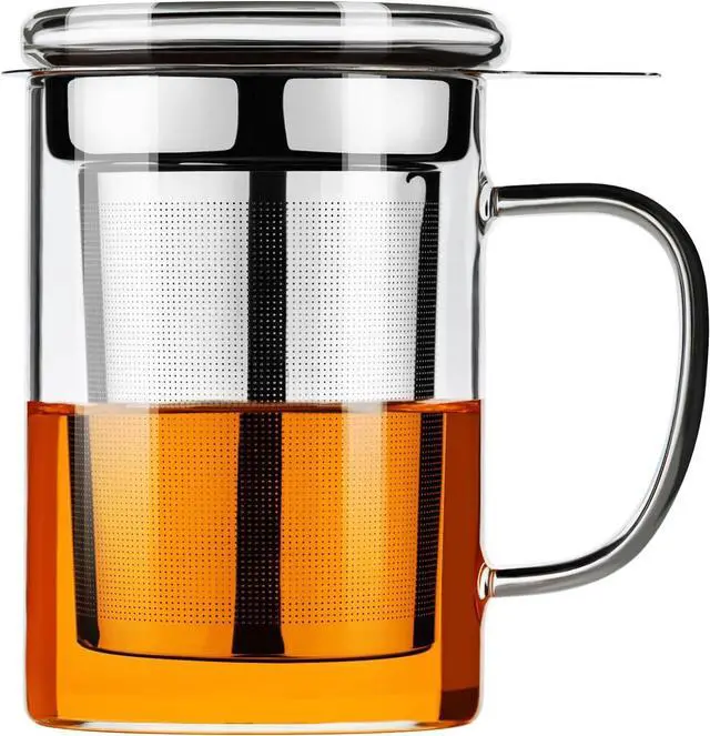 Main image of PARACITY Tea Mug with Infuser and Lid, 15 oz Clear Borosilicate Tea Cup | 304 stainless steel strainer handles loose leaf or bagged blends; clear body works with hot or iced drinks and rinses easily