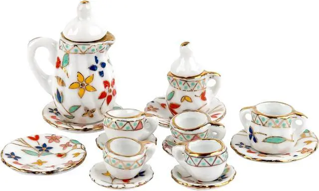 Main image of AUEAR, 15 Pack Miniature Ware Porcelain Tea Set 1:12 Miniatur Dish Cup Plate Classic Kitchen Accessories(Gold Leaf Pattern)