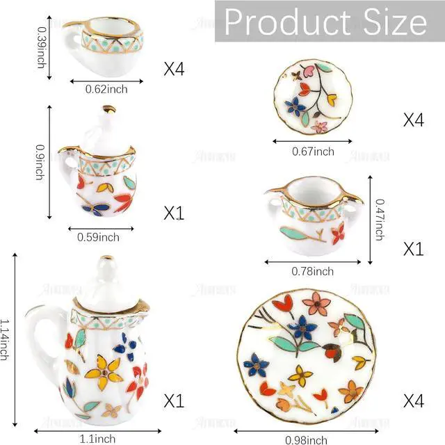 Alt view image 2 of 7 - AUEAR, 15 Pack Miniature Ware Porcelain Tea Set 1:12 Miniatur Dish Cup Plate Classic Kitchen Accessories(Gold Leaf Pattern)