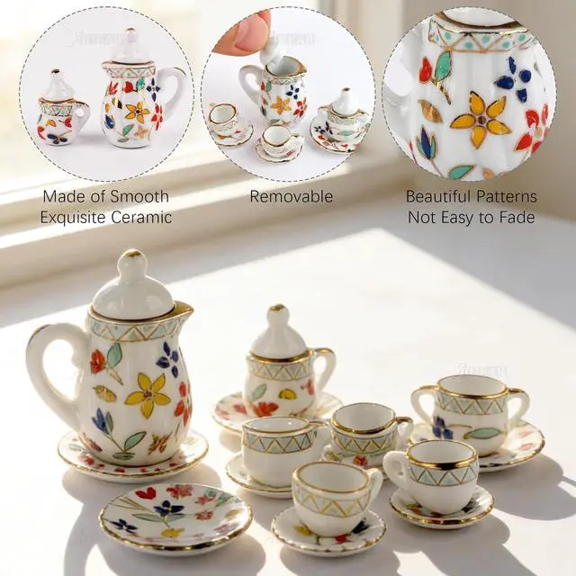 Alt view image 3 of 7 - AUEAR, 15 Pack Miniature Ware Porcelain Tea Set 1:12 Miniatur Dish Cup Plate Classic Kitchen Accessories(Gold Leaf Pattern)