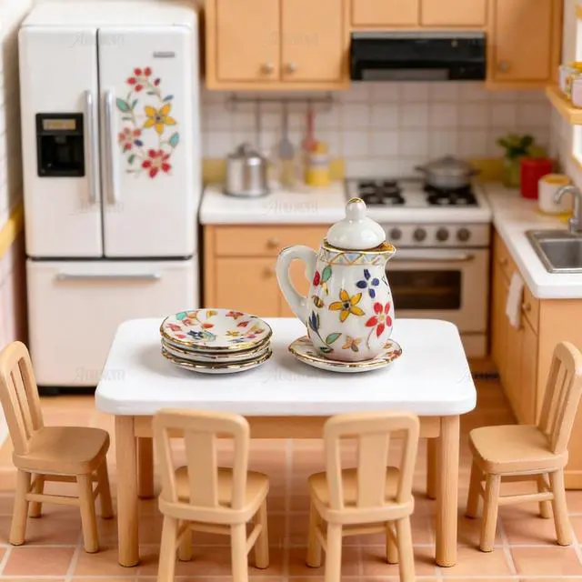 Alt view image 7 of 7 - AUEAR, 15 Pack Miniature Ware Porcelain Tea Set 1:12 Miniatur Dish Cup Plate Classic Kitchen Accessories(Gold Leaf Pattern)
