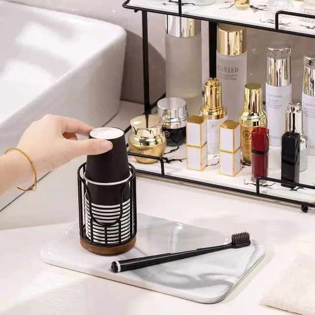 Alt view image 4 of 5 - Bathroom Cup Dispenser with Acacia Wood Stand - Essential Bathroom Accessories for Toothbrush Holders & Mouthwash Cup Dispenser on Vanity Countertops Black