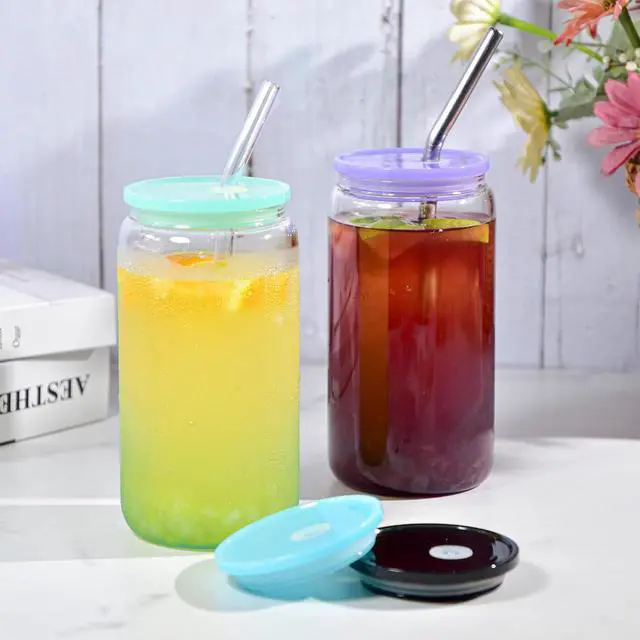Alt view image 6 of 7 - 8 Pcs Acrylic Lids for 16 oz Glass Cups Plastic Tumbler Replacement Lids Spill Proof Reusable Glass Cup Lid for Beer Can Iced Coffee Cups Drinking Glasses - Multi-Colored