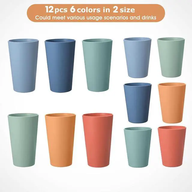 Alt view image 3 of 7 - HEYCOME Set of 12 Wheat Straw Cups, 6 Pcs 20 oz & 6 Pcs 12 oz Unbreakable Drinking Cups, Reusable Plastic Cups Sets for Outdoor Camp Kitchen, Microwave & Dishwasher Safe, Bpa Free, 6 Colors