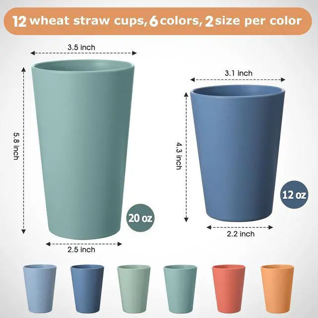 Alt view image 2 of 7 - HEYCOME Set of 12 Wheat Straw Cups, 6 Pcs 20 oz & 6 Pcs 12 oz Unbreakable Drinking Cups, Reusable Plastic Cups Sets for Outdoor Camp Kitchen, Microwave & Dishwasher Safe, Bpa Free, 6 Colors