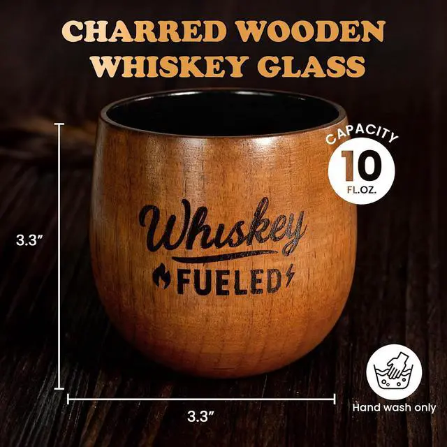 Alt view image 2 of 7 - Whiskey Glasses for Men, Gifts for Men - Whiskey Fueled Charred Wooden Bourbon Glass, Old Fashioned Whiskey Tumbler, Great Gifts for Husband Dad from Wife, Mens Gift Sets, wood Cup with Gift Box