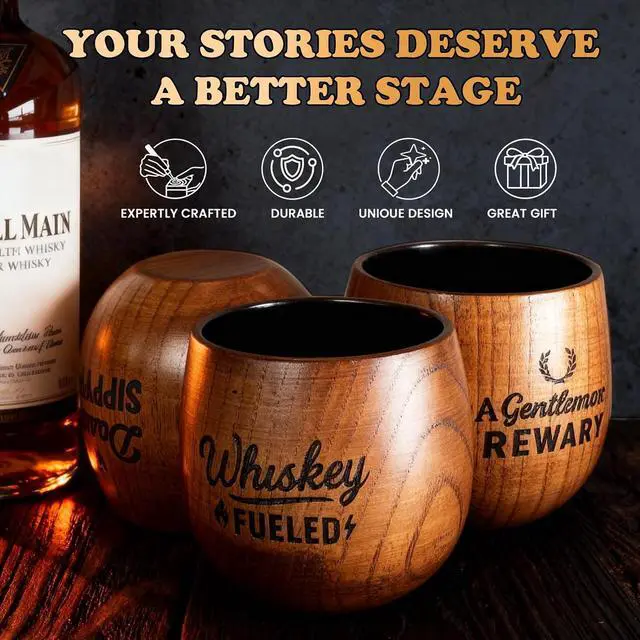 Alt view image 3 of 7 - Whiskey Glasses for Men, Gifts for Men - Whiskey Fueled Charred Wooden Bourbon Glass, Old Fashioned Whiskey Tumbler, Great Gifts for Husband Dad from Wife, Mens Gift Sets, wood Cup with Gift Box