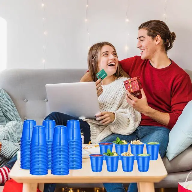 Alt view image 5 of 7 - 120 Pcs 2 oz Blue Shot Cups Birthday Party shot Glasses blue Shot Glasses Disposable for Drinking Tastings Served Snacks Jello Tastings and Samples