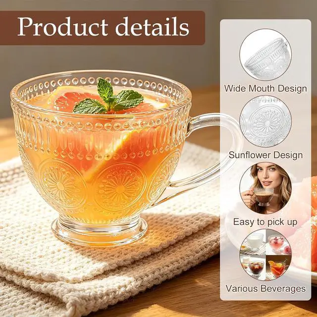 Alt view image 3 of 7 - Glass Tea Mugs with Handle,13OZ Clear Cup for Breakfast Cereal Coffee Milk | 400ml Clear Large Wide Coffee Cup,Borosilicate Glass Tea Mug Cup for Hot Beverage/Cappuccino/Latte/Yogurt/Mocha