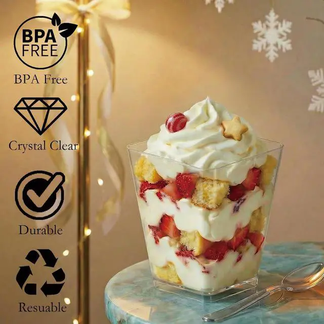 Alt view image 4 of 6 - Hiasobre 5 oz Plastic Dessert Cups with Spoons, 30 Pack | Clear Reusable Square Mini Parfait Appetizer Cups, Trifle Shooter Serving Cups, Party Dessert Shot Glasses for Tasting
