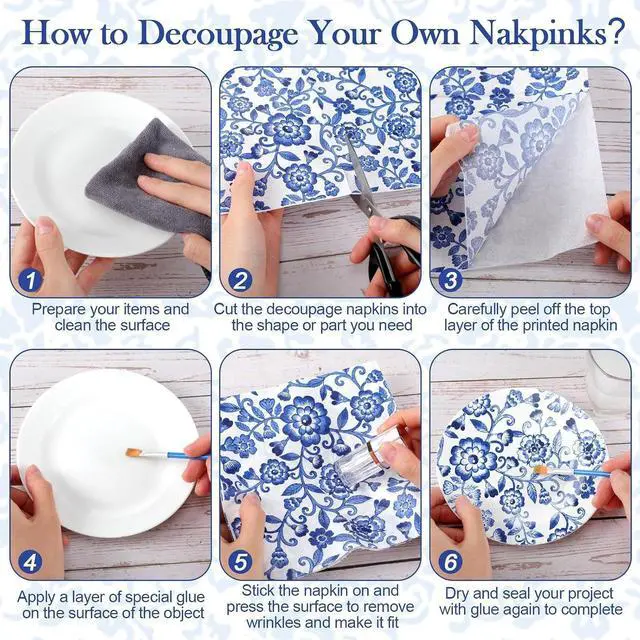 Alt view image 6 of 7 - Epakh 36 Pack 6 Style Blue and White Decoupage Chinoiserie Napkins, 13 inch | Assorted Floral Decorative Napkins Printed Cocktail Napkin Tissue Paper for Crafts DIY Shell Furniture Christmas Decor