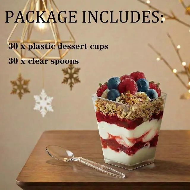 Alt view image 5 of 6 - Hiasobre 5 oz Plastic Dessert Cups with Spoons, 30 Pack | Clear Reusable Square Mini Parfait Appetizer Cups, Trifle Shooter Serving Cups, Party Dessert Shot Glasses for Tasting