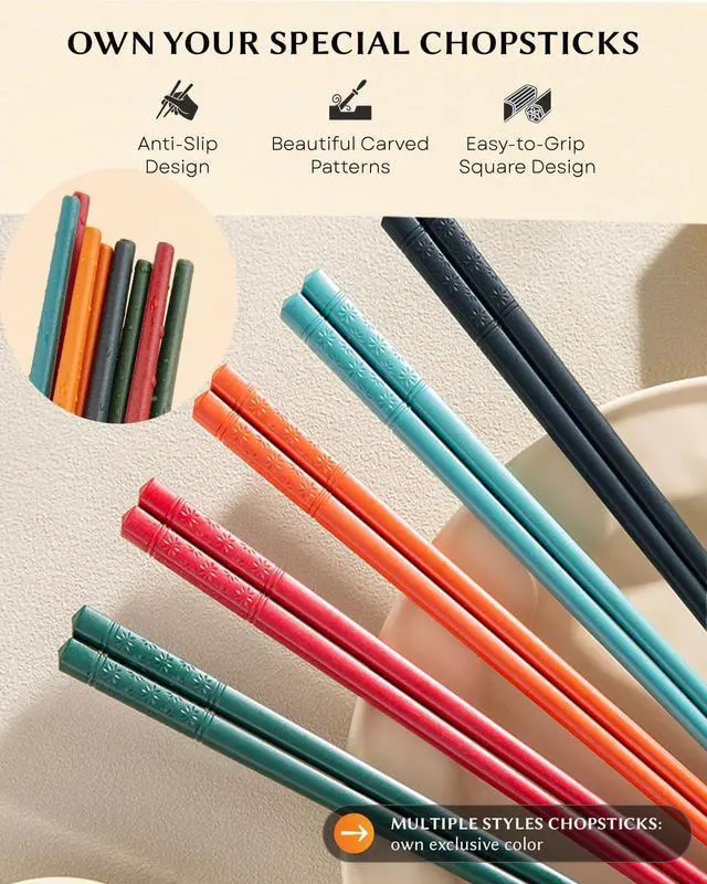 Alt view image 2 of 7 - 5 Pairs Reusable Training Chopsticks, 9.45 Inch Dishwasher Safe Fiberglass Japanese Training Chopsticks for Beginner, Non-Slip, Easy to Use(colorful)