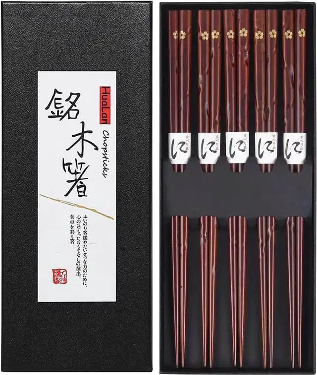 Main image of Japanese Natural Wood Chopsticks, Reusable Classic Style Chopsticks Non-slip Design Chop Sticks 5 Pairs Gift Set
