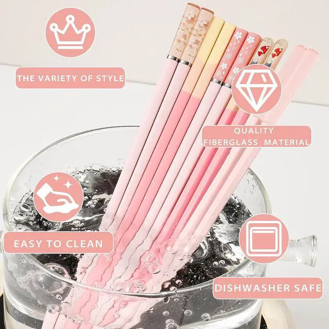 Alt view image 2 of 7 - 5 Pairs Pink Fiberglass Chopsticks, Non-Slip Reusable | Food-Safe, Heat-Resistant to 356°F, Dishwasher-Safe, Lightweight, Ergonomic Grip, Unique Family Set, Ideal for Sushi/Ramen