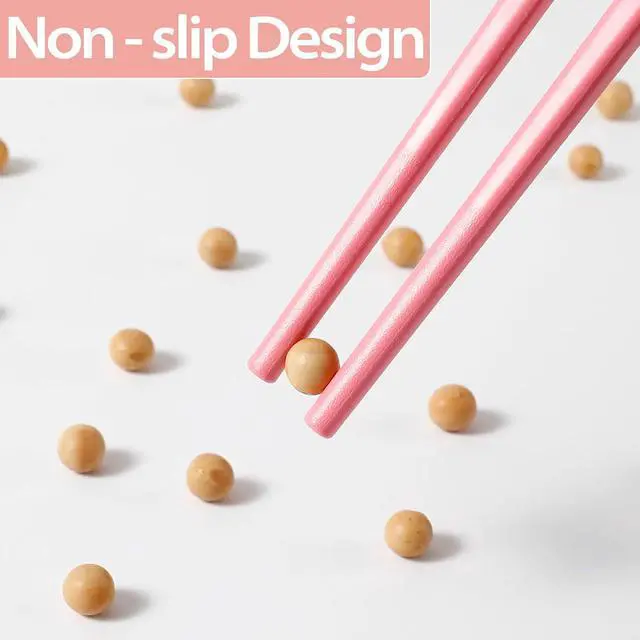 Alt view image 4 of 7 - 5 Pairs Pink Fiberglass Chopsticks, Non-Slip Reusable | Food-Safe, Heat-Resistant to 356°F, Dishwasher-Safe, Lightweight, Ergonomic Grip, Unique Family Set, Ideal for Sushi/Ramen