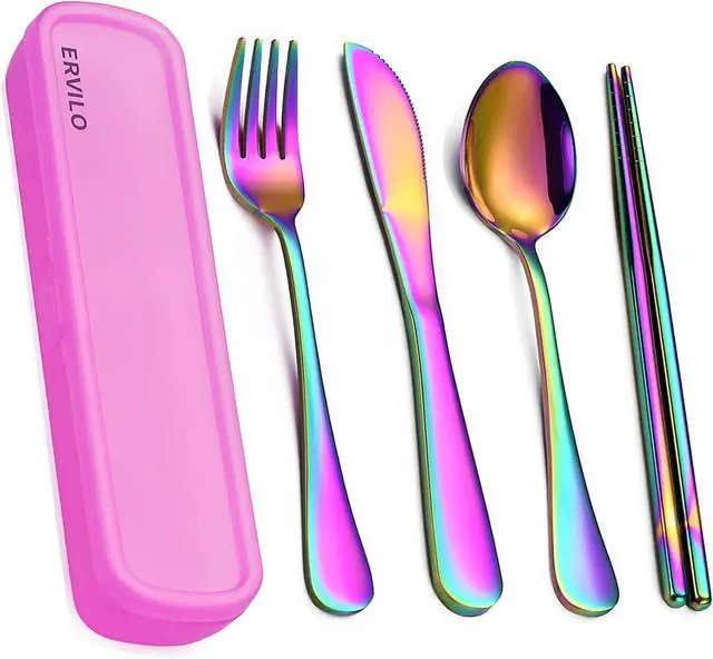Main image of Travel Utensils with Case, Stainless Steel Portable Cutlery Set, Lunch Box Silverware for Work Camping Picnic, Reinforced Case with Snap-Lock Closure, Include Fork Spoon Knife Chopsticks, Rainbow