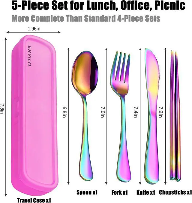 Alt view image 2 of 7 - Travel Utensils with Case, Stainless Steel Portable Cutlery Set, Lunch Box Silverware for Work Camping Picnic, Reinforced Case with Snap-Lock Closure, Include Fork Spoon Knife Chopsticks, Rainbow