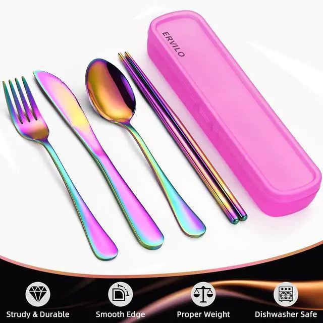 Alt view image 5 of 7 - Travel Utensils with Case, Stainless Steel Portable Cutlery Set, Lunch Box Silverware for Work Camping Picnic, Reinforced Case with Snap-Lock Closure, Include Fork Spoon Knife Chopsticks, Rainbow
