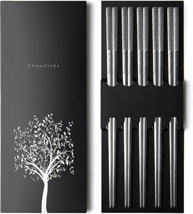 Main image of IQCWOOD 5 Pairs 18/10 Stainless Steel Chopsticks, 9.25 Inches | Reusable Non-Slip Laser Engraved, Metal Chopsticks for Asian Food Sushi Ramen Pho, Dishwasher Safe, Gift Box