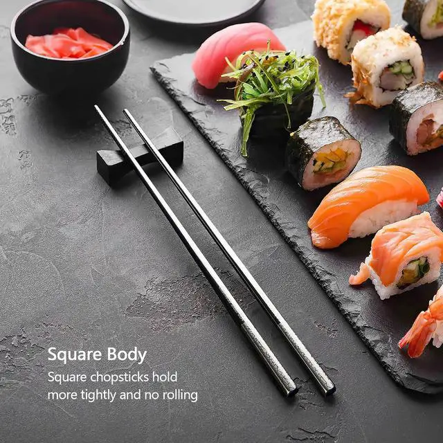 Alt view image 3 of 7 - IQCWOOD 5 Pairs 18/10 Stainless Steel Chopsticks, 9.25 Inches | Reusable Non-Slip Laser Engraved, Metal Chopsticks for Asian Food Sushi Ramen Pho, Dishwasher Safe, Gift Box