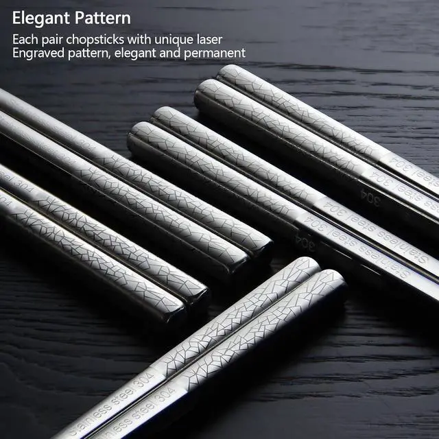 Alt view image 4 of 7 - IQCWOOD 5 Pairs 18/10 Stainless Steel Chopsticks, 9.25 Inches | Reusable Non-Slip Laser Engraved, Metal Chopsticks for Asian Food Sushi Ramen Pho, Dishwasher Safe, Gift Box